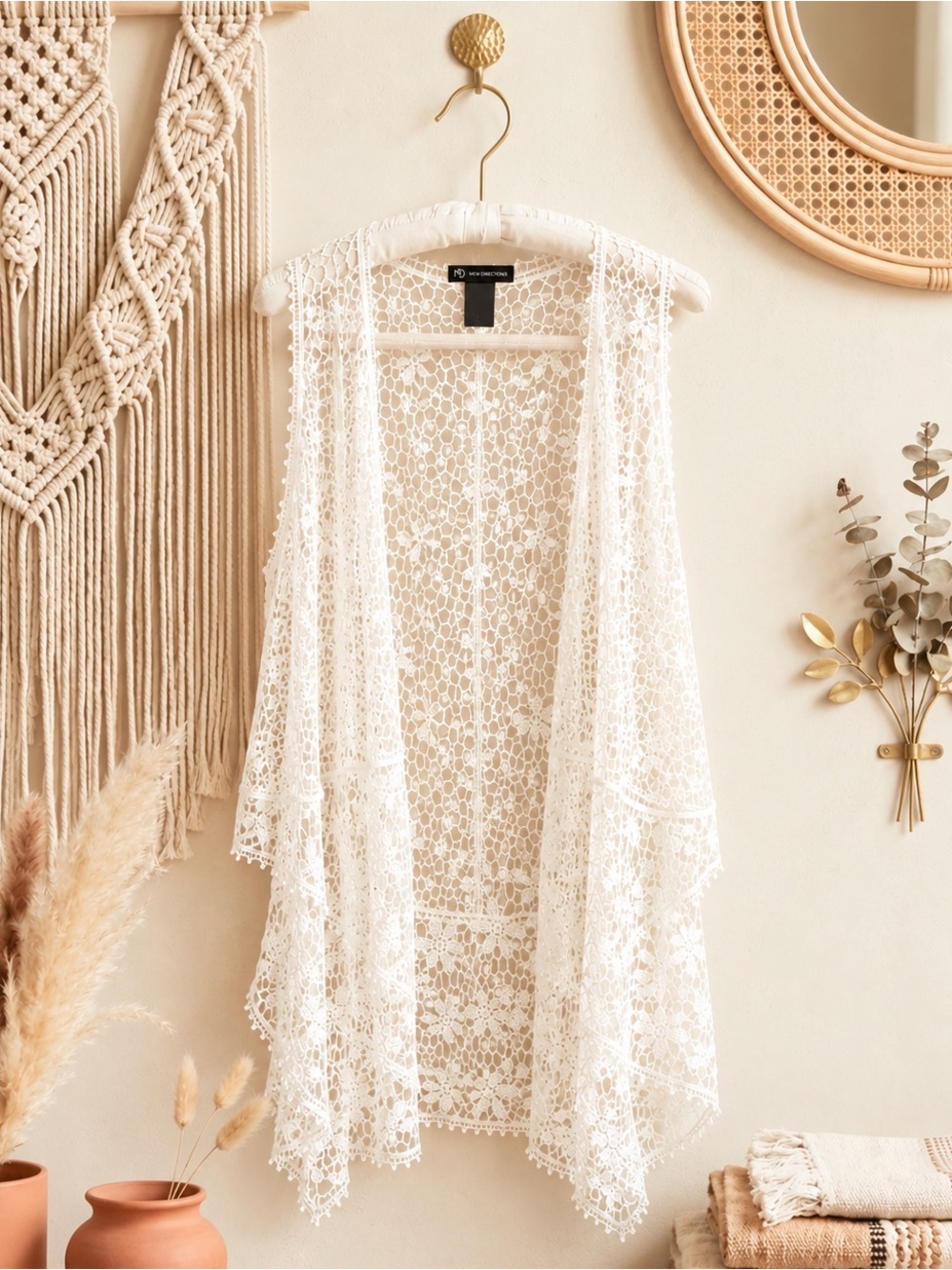 New Directions Open Crochet White/Cream Floral Kimono Cardigan